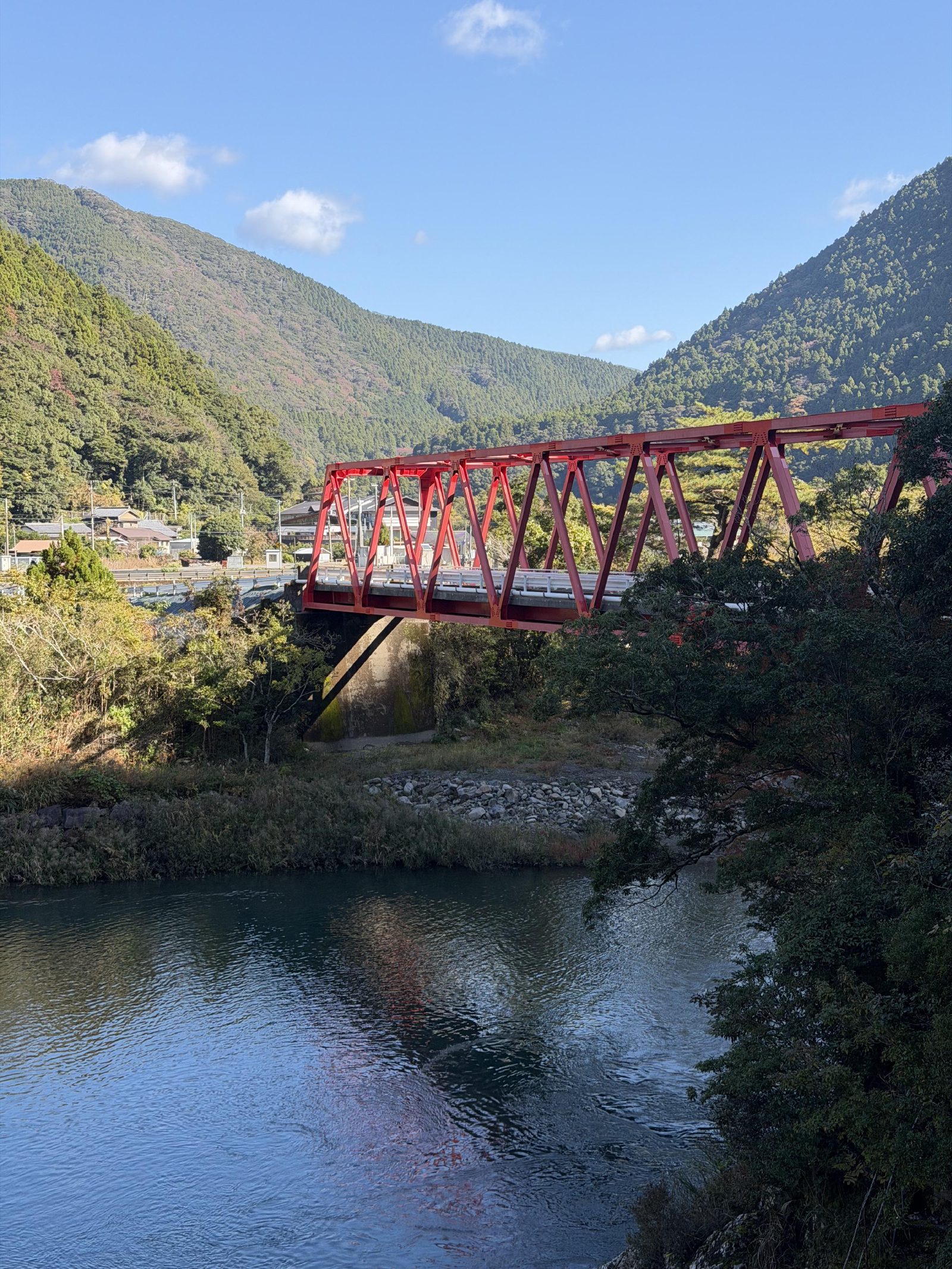 One of the red truss bridges over the gorge