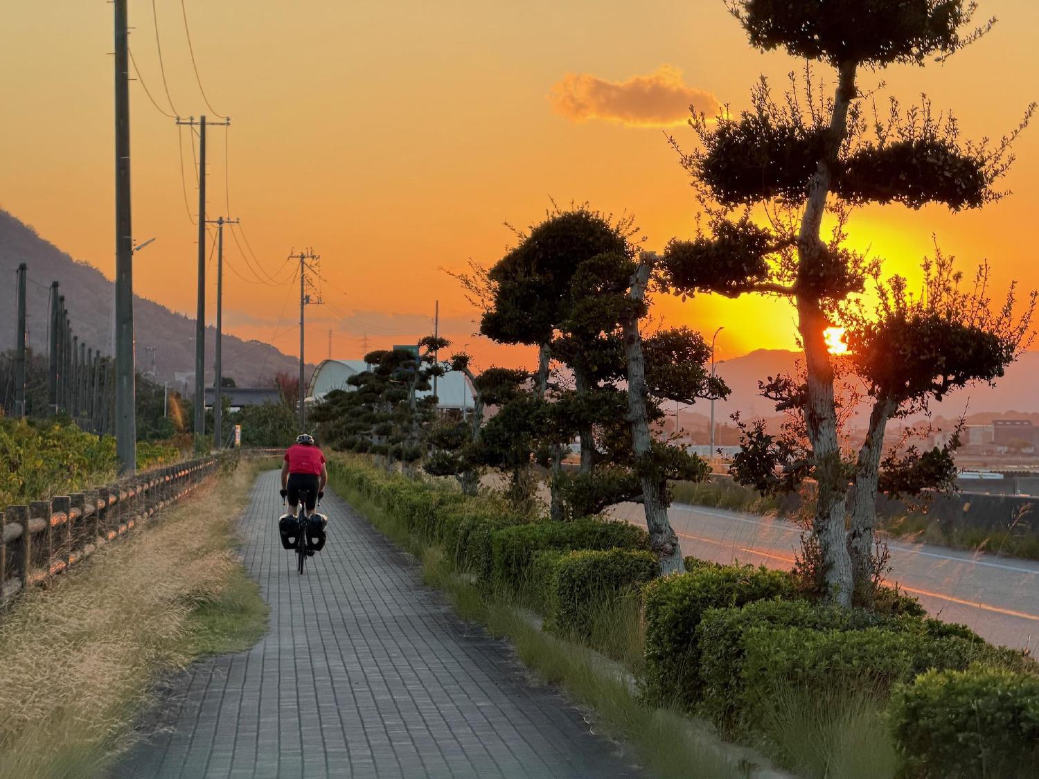 Cyclist on a seaside path at golden sunset