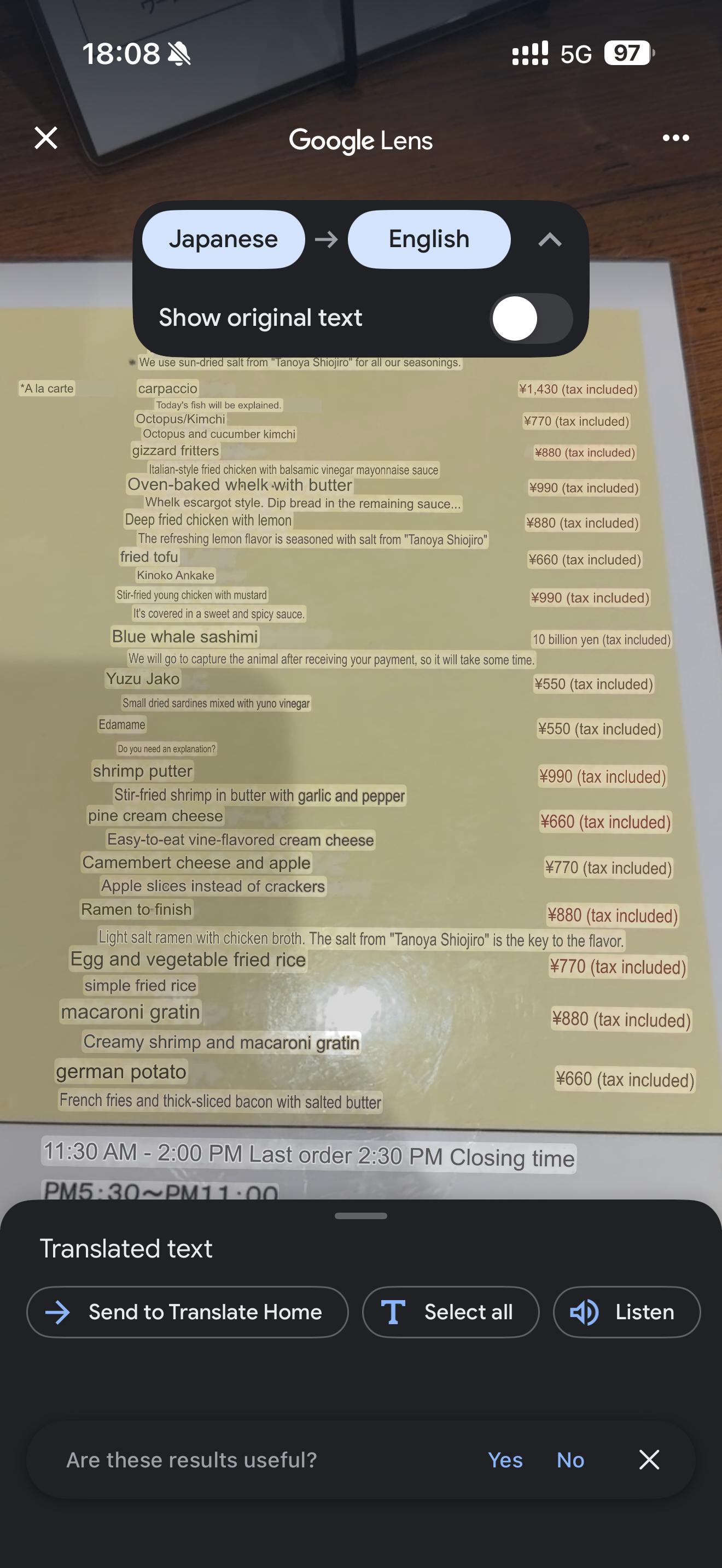 Translating the menu with Google Lens